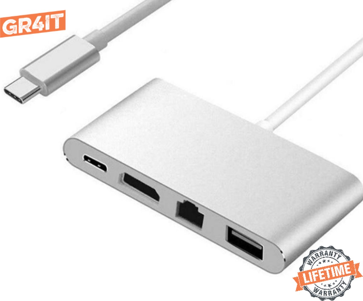 4 in 1 USB-C Adapter / Hub - 4k HDMI, RJ45 Gigabit, USB, PD USB-C - Zilver | voor o.a. Laptops, Apple MacBook, Microsoft Surface Pro en Samsung DEX